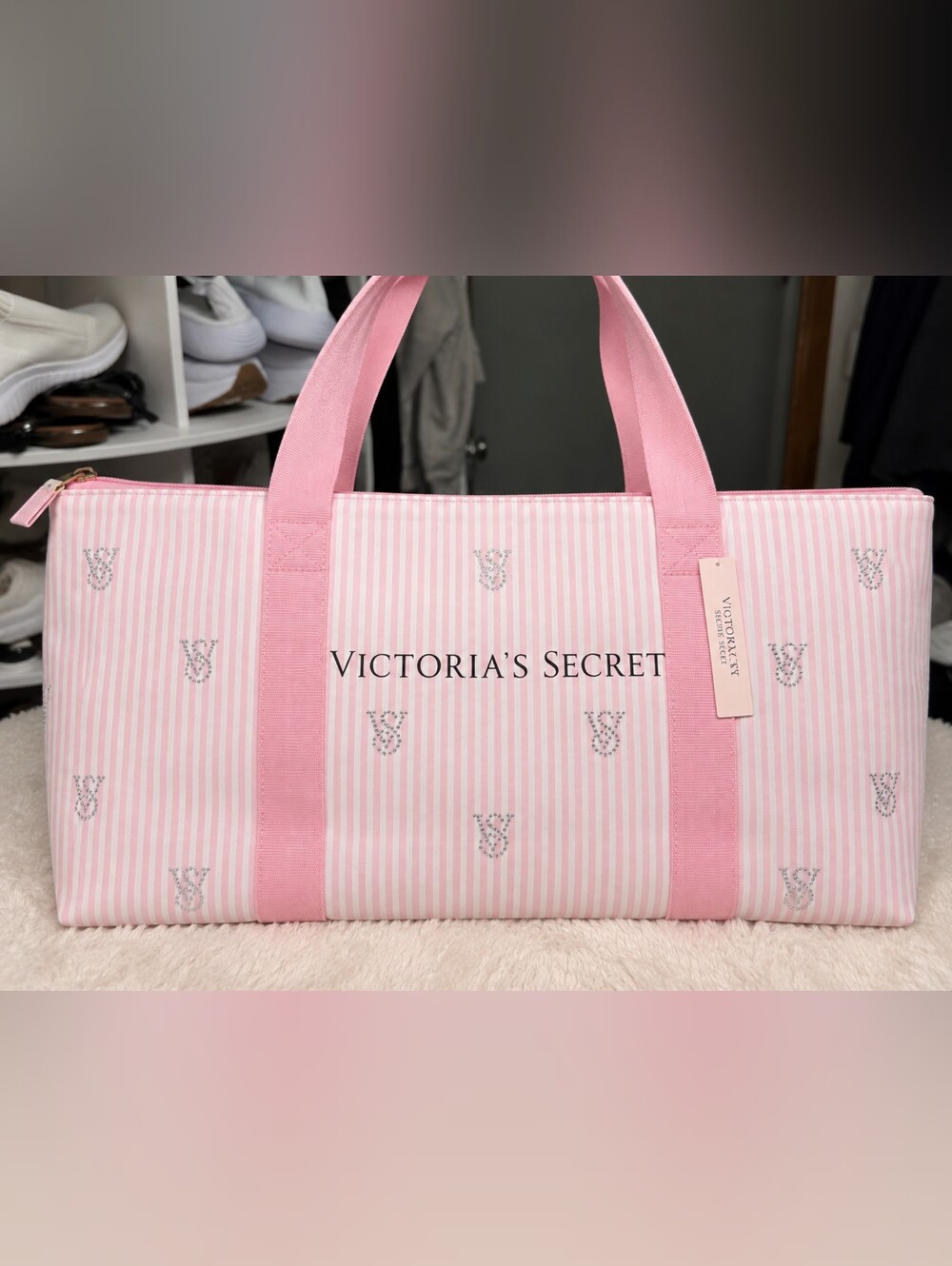 Victoria’s Secret Pink & White Striped Large Tote Travel Bag NWT